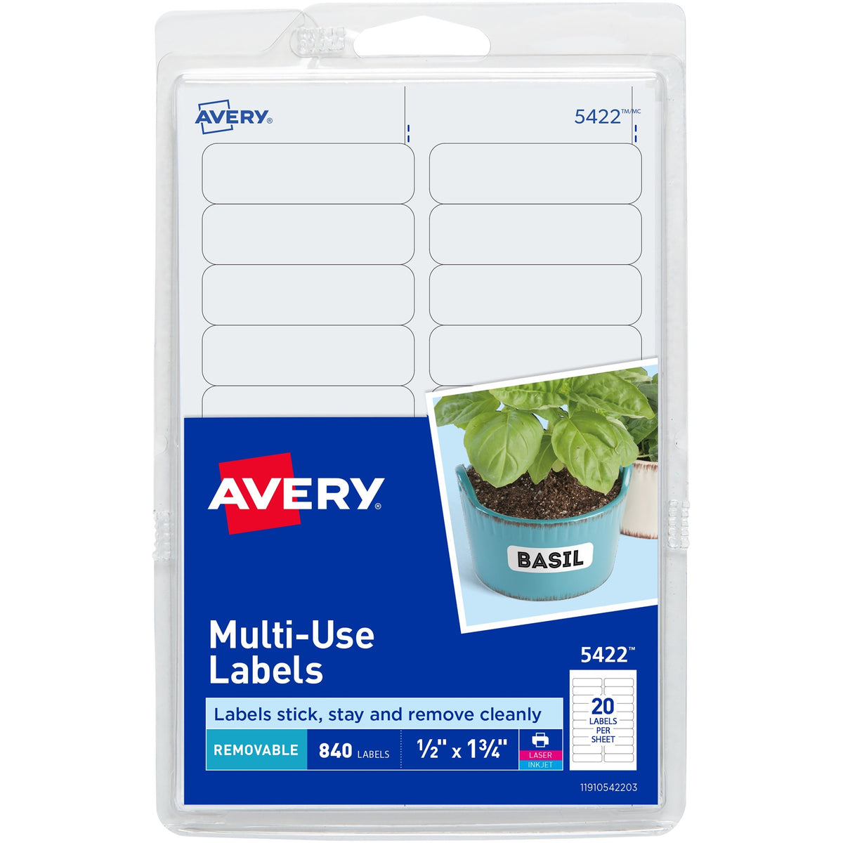 Avery® Removable Labels, Removable Adhesive, 1/2" x 1-3/4" , 840 Labels (5422) - 1/2" Height x 1 3/4" Width - Removable 