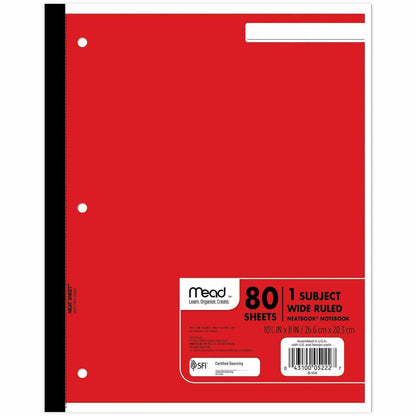 Mead Neatbook One-subject Notebook - 80 Sheets - Ruled Margin - 8" x 10 1/2" Sheet Size - White Paper - Green, Blue, Red