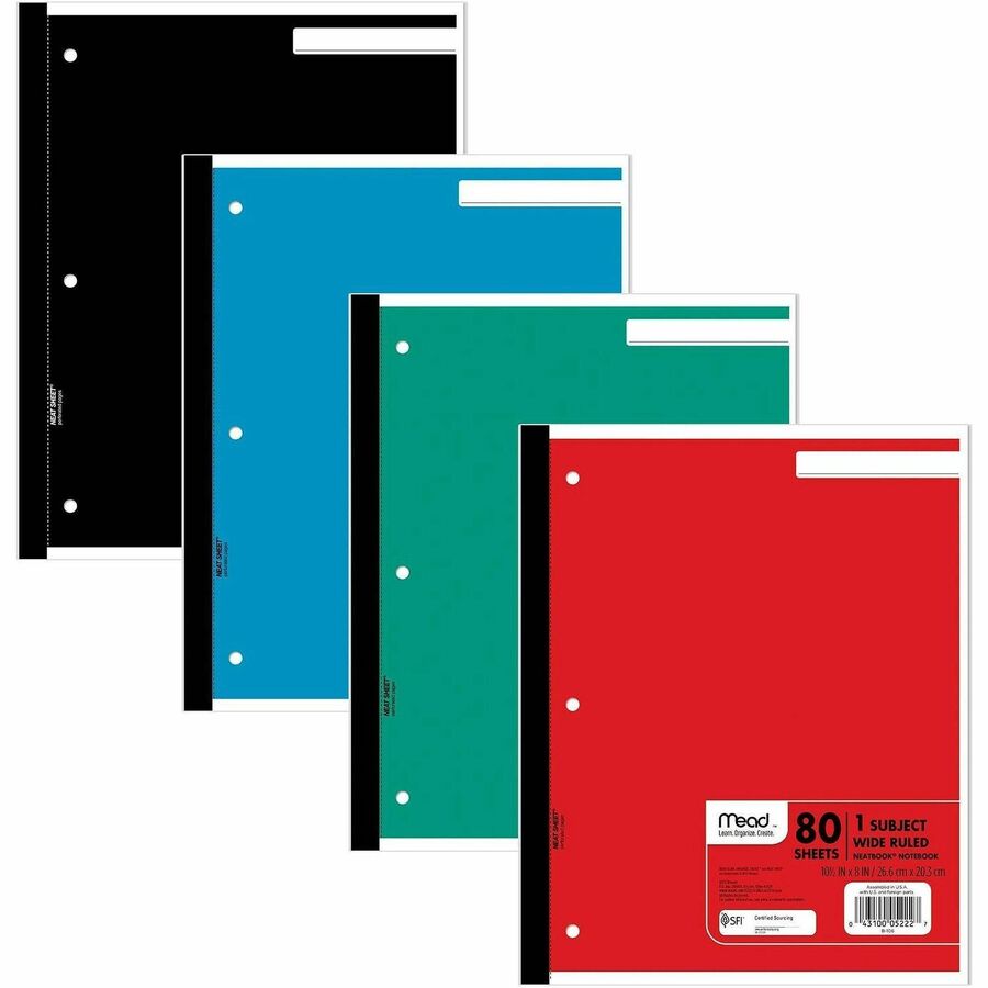 Mead Neatbook One-subject Notebook - 80 Sheets - Ruled Margin - 8" x 10 1/2" Sheet Size - White Paper - Green, Blue, Red