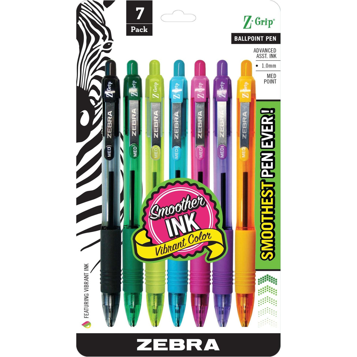 Zebra Z-Grip Retractable Ballpoint Pens - 1 mm Medium Pen Point - Retractable - Assorted Ink - Assorted Barrel - 7 / Pac