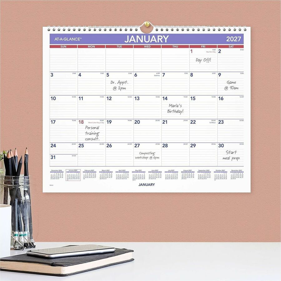 At-A-Glance Wall Calendar - Medium - Julian Dates - Monthly - 12 Month - January 2027 to December 2027 - 1 Week Single P