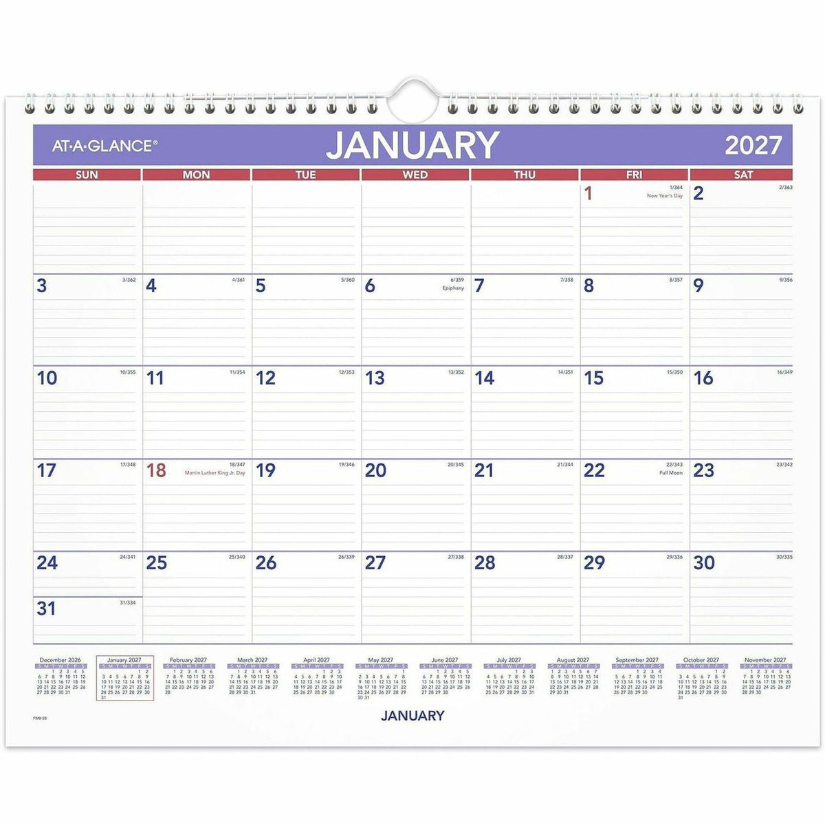 At-A-Glance Wall Calendar - Medium - Julian Dates - Monthly - 12 Month - January 2027 to December 2027 - 1 Week Single P