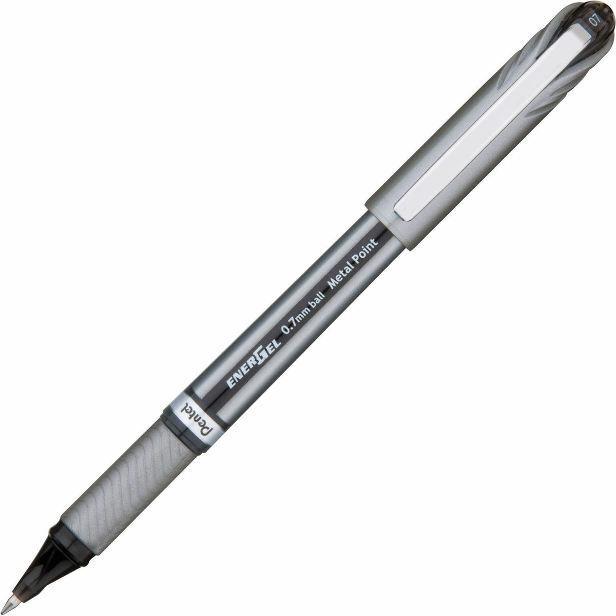 Pentel EnerGel NV Liquid Gel Pens - 0.7 mm Medium Pen Point - Black Ink - Gel-based - Gray Barrel - Metal Tip - 12 / Doz