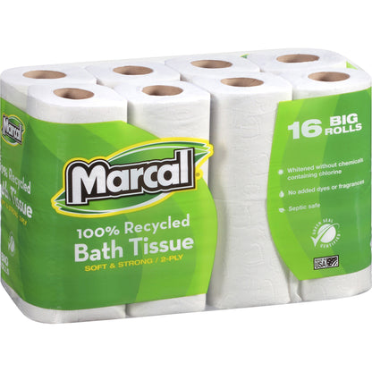 Marcal 100% Recycled Soft/Strong Bath Tissue - 2 Ply - 4.20" Width x 3.60" Length - 168 Sheets/Roll - White - 16 Rolls P