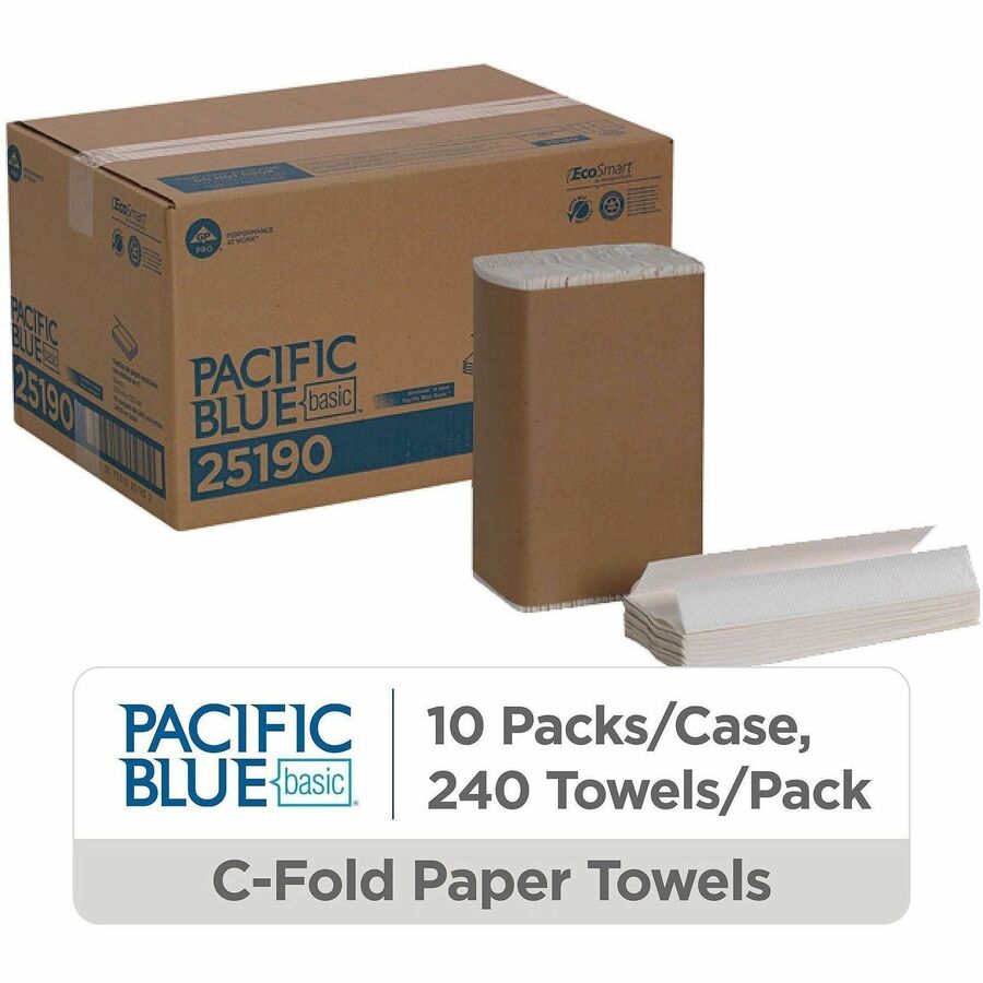 Pacific Blue Basic C-Fold Recycled Paper Towel - 1 Ply - 10.10" Width x 12.70" Length - White - Fiber - 240/Pack - 10 / 