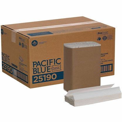 Pacific Blue Basic C-Fold Recycled Paper Towel - 1 Ply - 10.10" Width x 12.70" Length - White - Fiber - 240/Pack - 10 / 