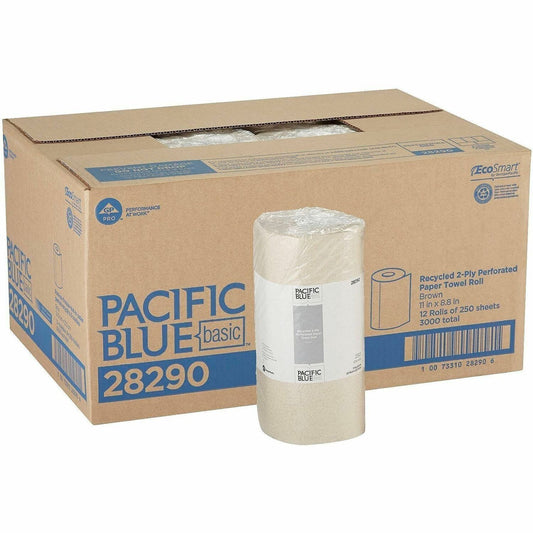 Pacific Blue Basic Recycled Perforated Paper Roll Towel - 2 Ply - 11" Width x 8.80" Length - 250 Sheets/Roll - Brown - 1