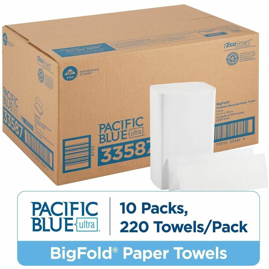 Pacific Blue Ultra Bigfold Premium Recycled Paper Towels - 1 Ply - 10.20" Width x 10.80" Length - White - Paper - 220/Pa
