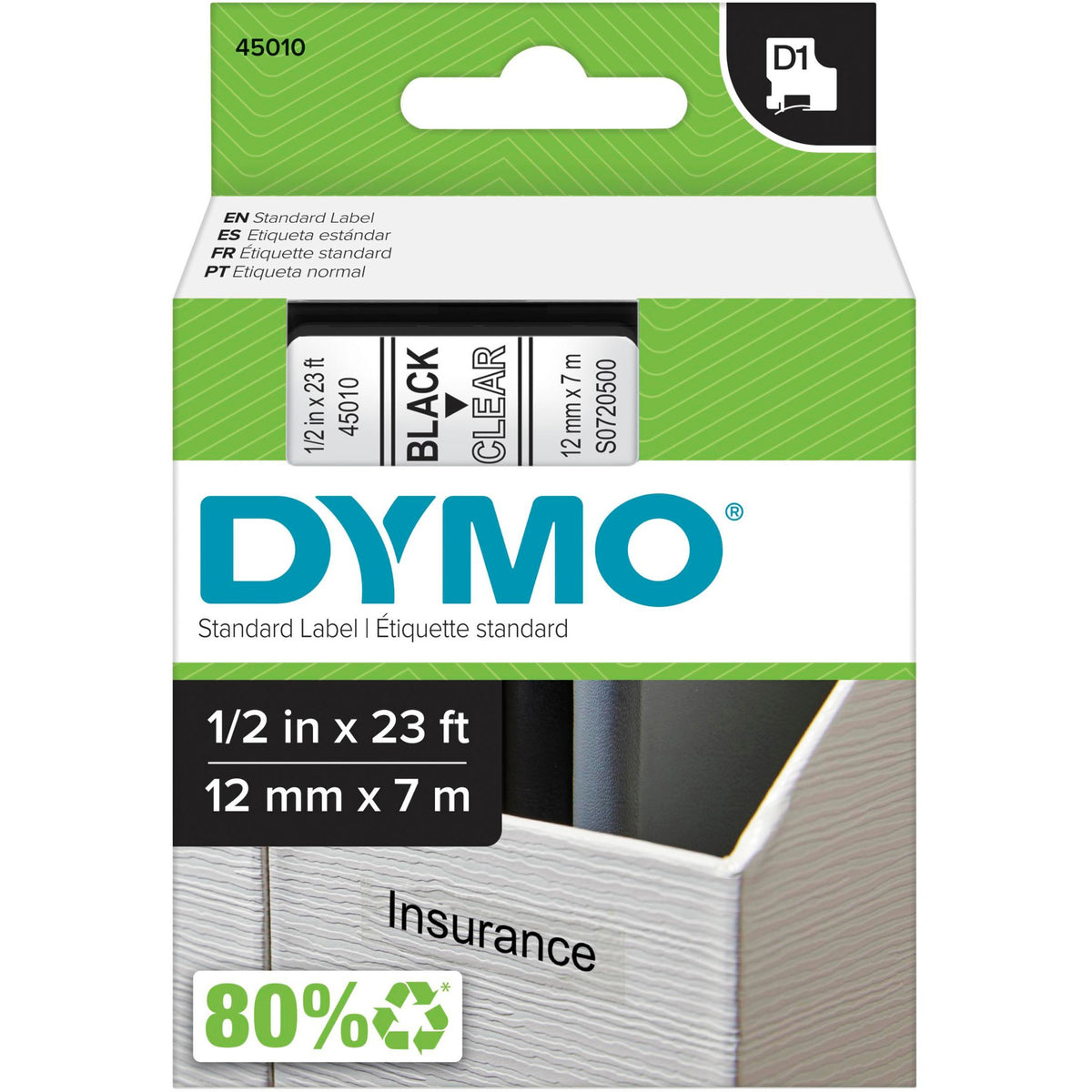 Dymo D1 Electronic Tape Cartridge - 1/2" Width x 23 ft Length - Rectangle - Thermal Transfer - Clear - Polyester - 1 Eac