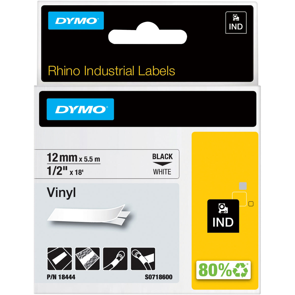 Dymo Rhino Industrial Vinyl Labels - 15/32" Width x 18 3/64 ft Length - Permanent Adhesive - Rectangle - Thermal Transfe