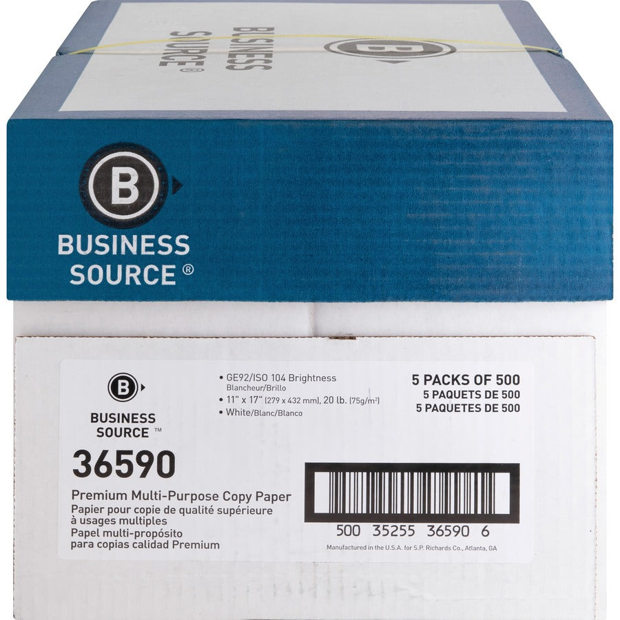 Business Source Premium Multipurpose Copy Paper - White - 92 Brightness - Ledger/Tabloid - 11" x 17" - 20 lb Basis Weigh