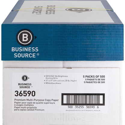 Business Source Premium Multipurpose Copy Paper - White - 92 Brightness - Ledger/Tabloid - 11" x 17" - 20 lb Basis Weigh