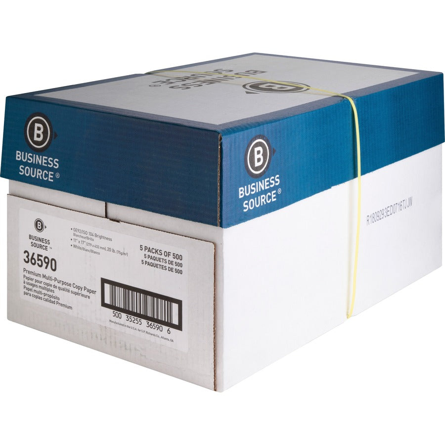 Business Source Premium Multipurpose Copy Paper - White - 92 Brightness - Ledger/Tabloid - 11" x 17" - 20 lb Basis Weigh