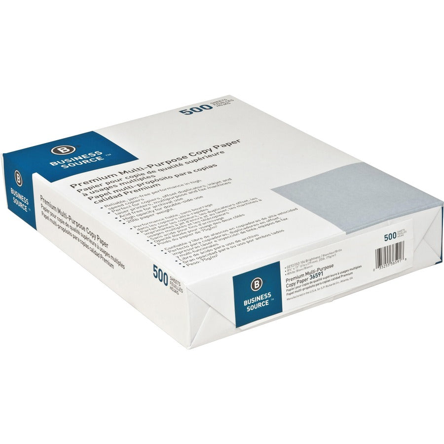 Business Source Multipurpose Copy Paper - White - 92 Brightness - Letter - 8 1/2" x 11" - 20 lb Basis Weight - Acid-free