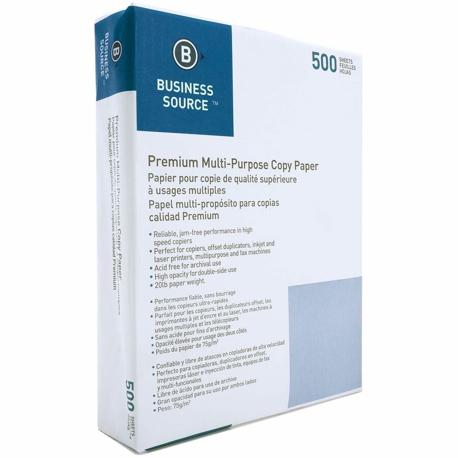 Business Source Multipurpose Copy Paper - White - 92 Brightness - Letter - 8 1/2" x 11" - 20 lb Basis Weight - Acid-free
