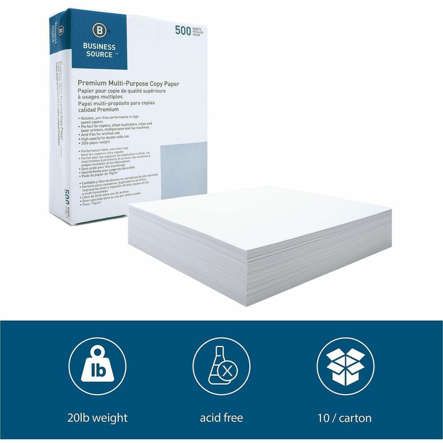 Business Source Multipurpose Copy Paper - White - 92 Brightness - Letter - 8 1/2" x 11" - 20 lb Basis Weight - Acid-free