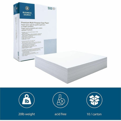 Business Source Multipurpose Copy Paper - White - 92 Brightness - Letter - 8 1/2" x 11" - 20 lb Basis Weight - Acid-free