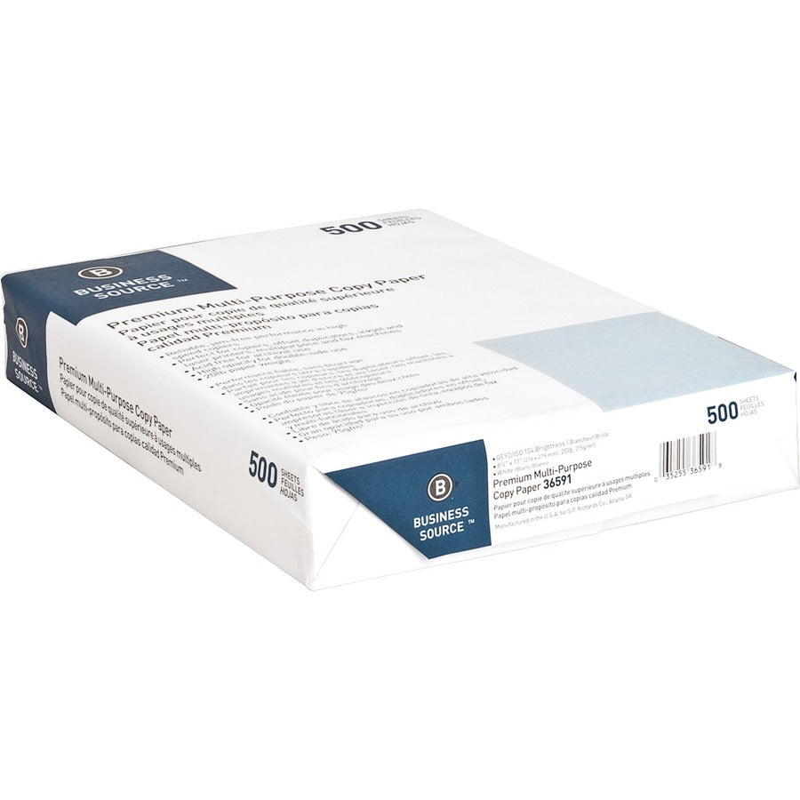 Business Source Multipurpose Copy Paper - White - 92 Brightness - Letter - 8 1/2" x 11" - 20 lb Basis Weight - Acid-free