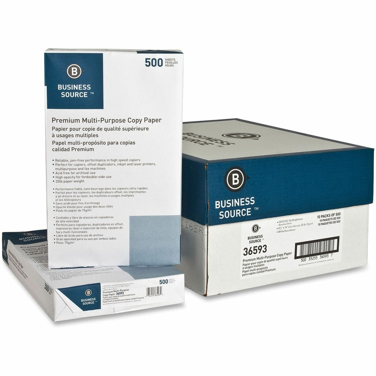 Business Source Premium Multipurpose Copy Paper - White - 92 Brightness - Legal - 8 1/2" x 14" - 20 lb Basis Weight - Ac