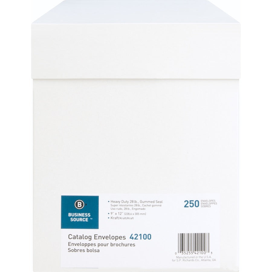 Business Source Kraft Gummed Catalog Envelopes - Catalog - #10 1/2 - 9" Width x 12" Length - 28 lb - Gummed - Kraft - Kr