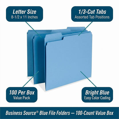 Business Source 1/3 Tab Cut Letter Recycled Top Tab File Folder - 8 1/2" x 11" - Top Tab Location - Assorted Tab Positio