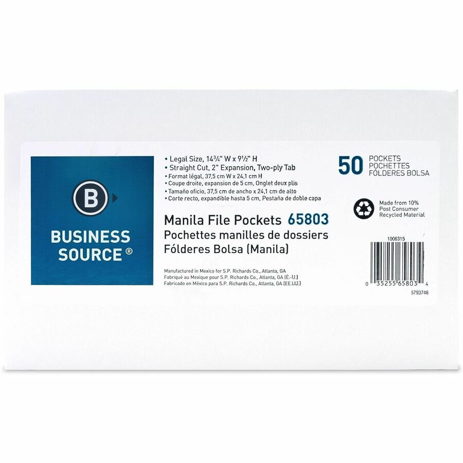 Business Source Straight Tab Cut Legal Recycled File Pocket - 8 1/2" x 14" - 2" Expansion - 11 pt. - Manila - 50 / Box