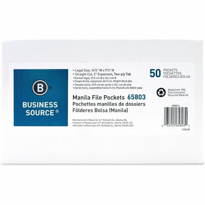 Business Source Straight Tab Cut Legal Recycled File Pocket - 8 1/2" x 14" - 2" Expansion - 11 pt. - Manila - 50 / Box