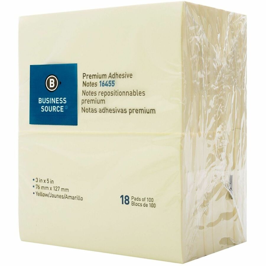 Business Source Repositionable Notes - 3" Flag/Note Width x 5" Flag/Note Length - Rectangle - Yellow - 18 / Pack