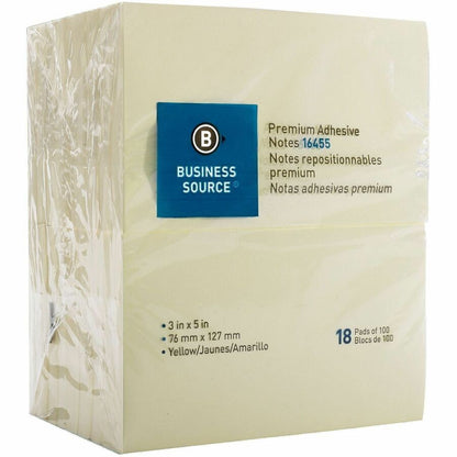 Business Source Repositionable Notes - 3" Flag/Note Width x 5" Flag/Note Length - Rectangle - Yellow - 18 / Pack