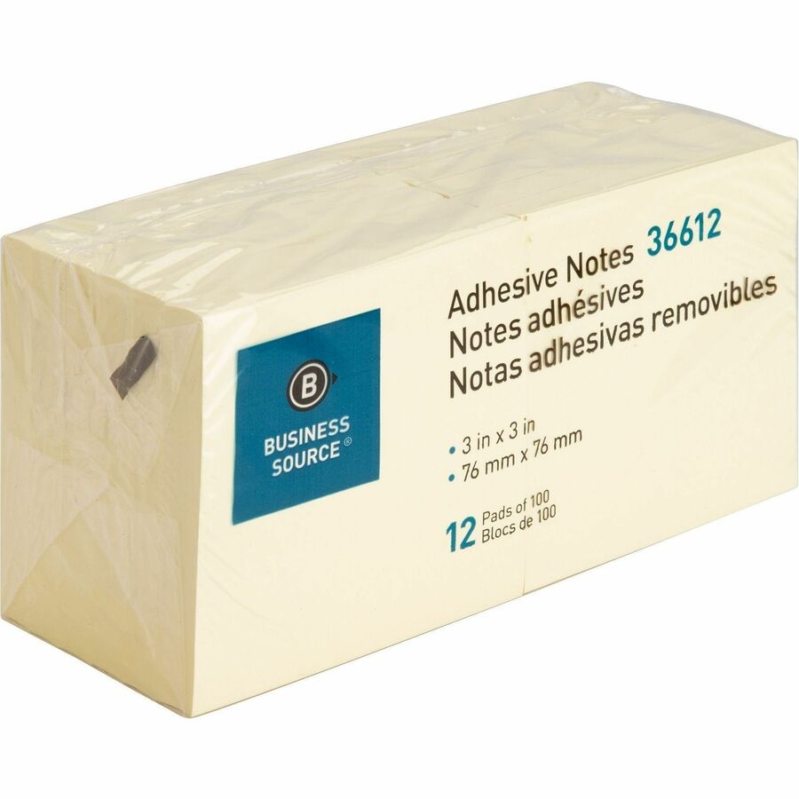 Business Source Yellow Repositionable Adhesive Notes - 3" Flag/Note Width x 3" Flag/Note Length - Square - Yellow - 12 /