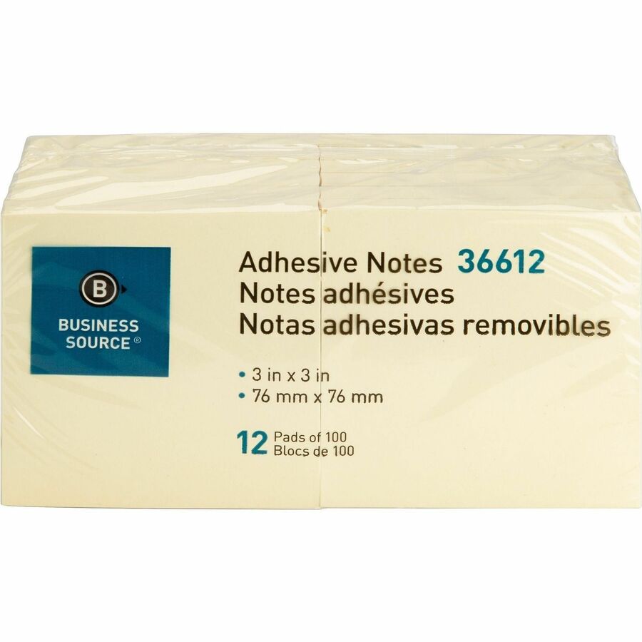 Business Source Yellow Repositionable Adhesive Notes - 3" Flag/Note Width x 3" Flag/Note Length - Square - Yellow - 12 /