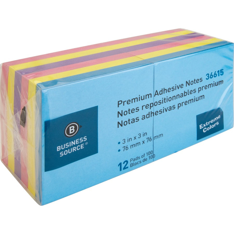 Business Source 3x3 Extreme Colors Adhesive Notes - 100 - 3" Flag/Note Width x 3" Flag/Note Length - Square - Assorted -