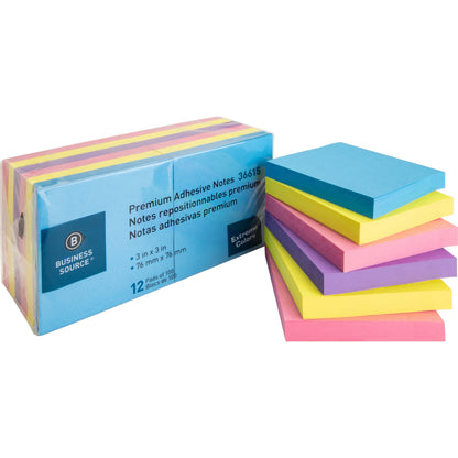 Business Source 3x3 Extreme Colors Adhesive Notes - 100 - 3" Flag/Note Width x 3" Flag/Note Length - Square - Assorted -