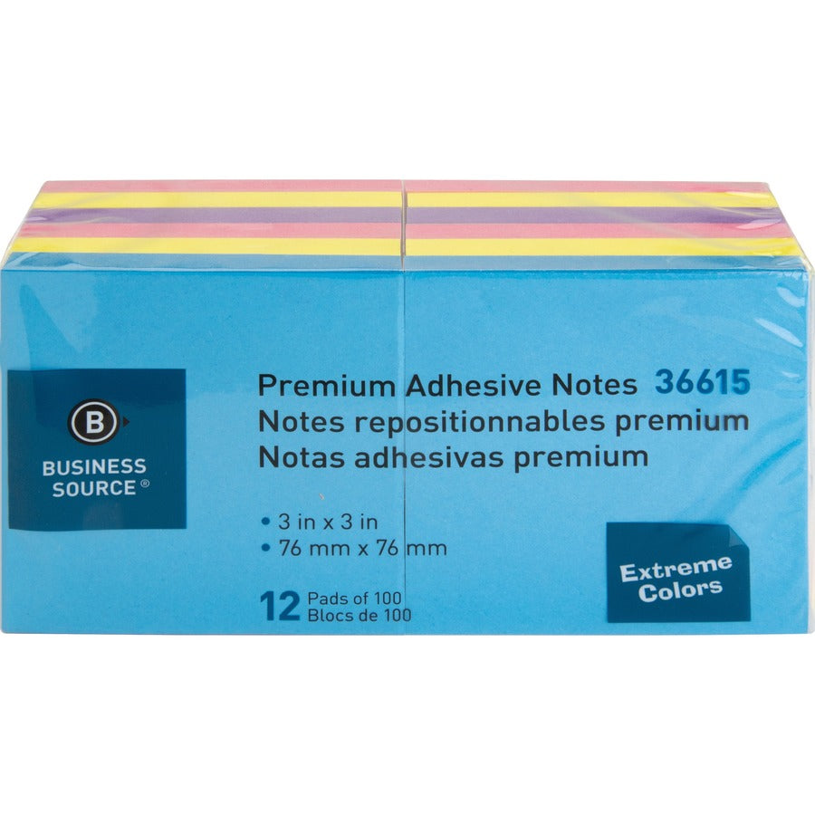Business Source 3x3 Extreme Colors Adhesive Notes - 100 - 3" Flag/Note Width x 3" Flag/Note Length - Square - Assorted -