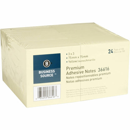 Business Source Yellow Repostionable Adhesive Notes - 3" Flag/Note Width x 3" Flag/Note Length - Square - Yellow - 24 / 