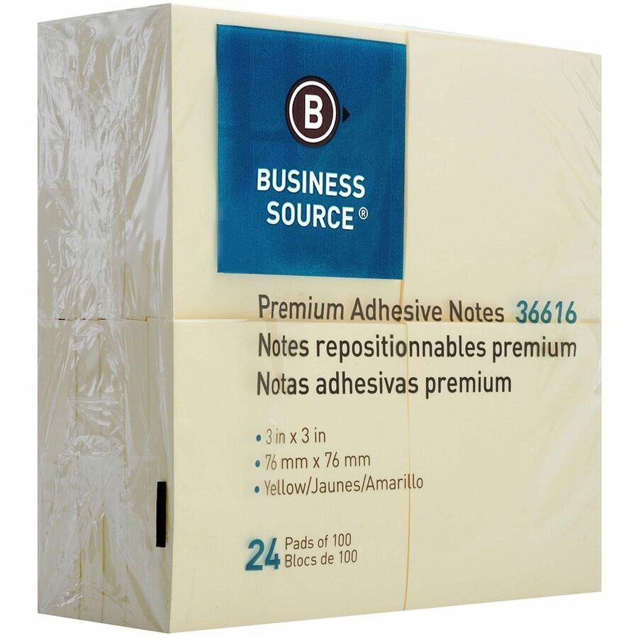 Business Source Yellow Repostionable Adhesive Notes - 3" Flag/Note Width x 3" Flag/Note Length - Square - Yellow - 24 / 
