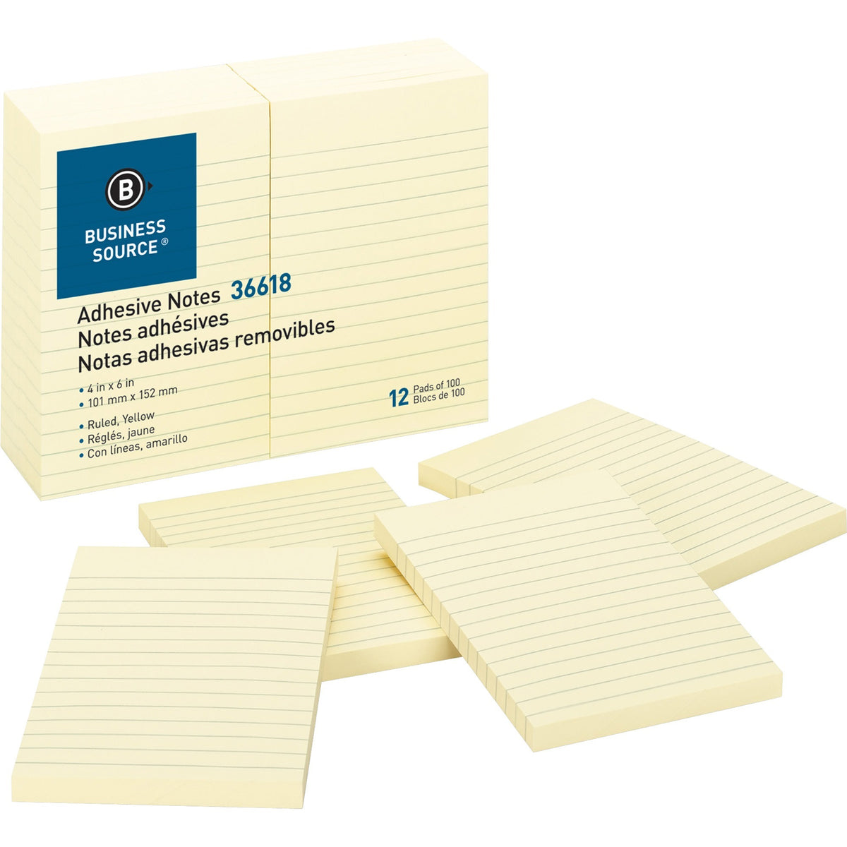 Business Source Ruled Adhesive Notes - 4" Flag/Note Width x 6" Flag/Note Length - Rectangle - Ruled - Yellow - 12 / Pack