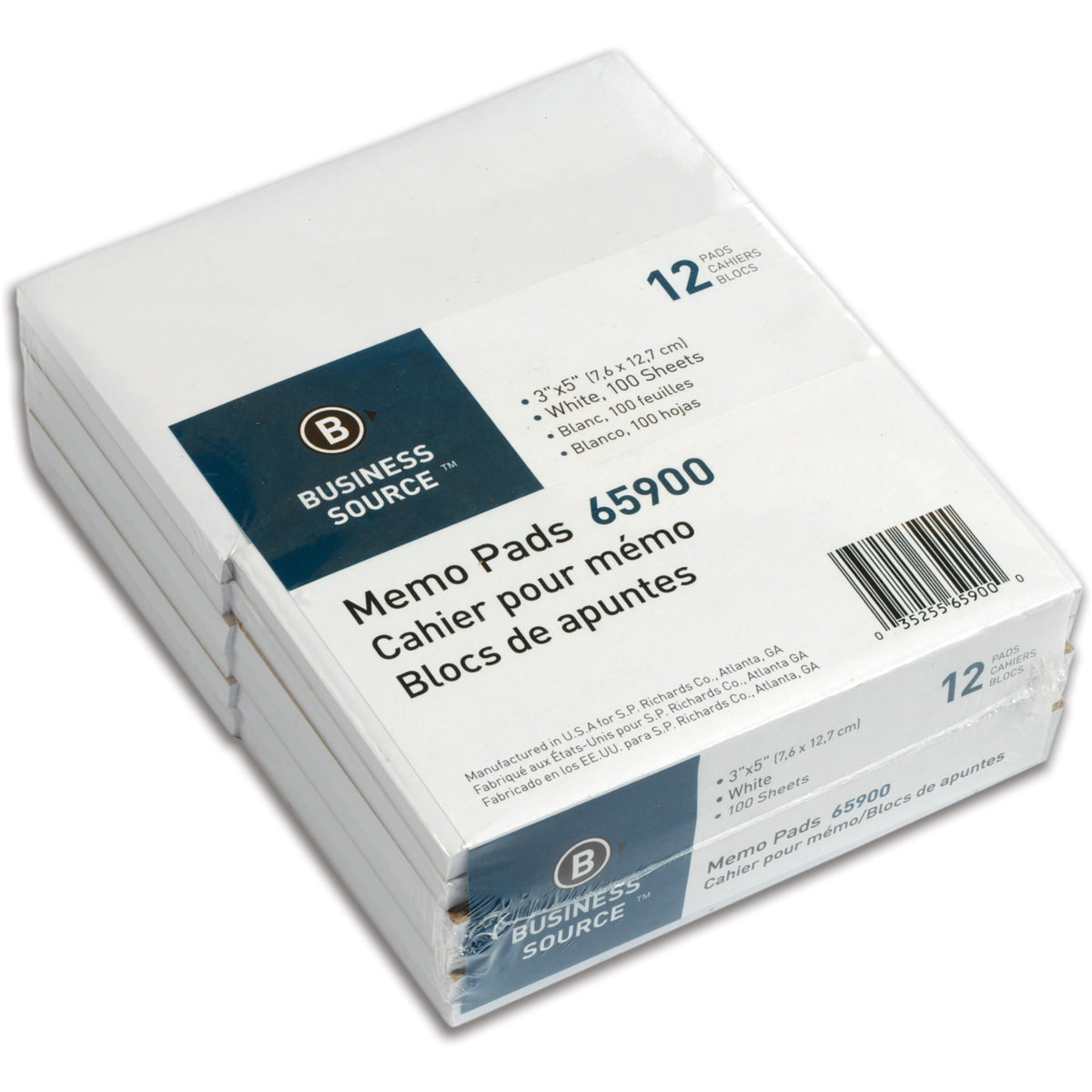 Business Source Plain Memo Pads - 100 Sheets - Plain - Glued - Unruled Front Ruling - 15 lb Basis Weight - 3" x 5" Sheet