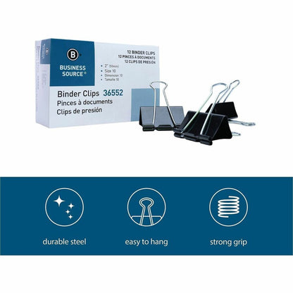 Business Source Fold-back Binder Clips - Large - 2" Length x 2" Width - 1" Size Capacity - Black - Steel - 12 / Dozen