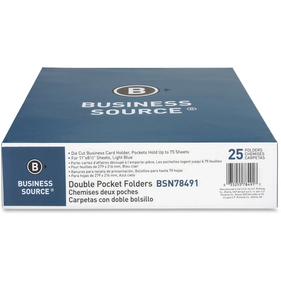 Business Source Letter Recycled Pocket Folder - 8 1/2" x 11" - 100 Sheets Capacity - 2 Inside Front & Back Pocket - Pape