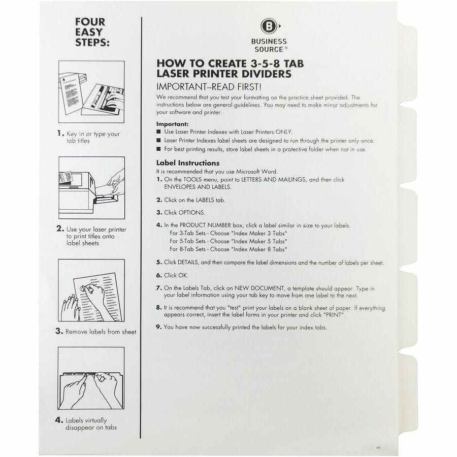 Business Source Un-punched Index Dividers Set - 5 x Divider(s) - Blank Tab(s) - 5 Tab(s)/Set - White Divider - White Tab