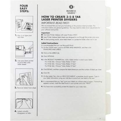 Business Source Un-punched Index Dividers Set - 5 x Divider(s) - Blank Tab(s) - 5 Tab(s)/Set - White Divider - White Tab