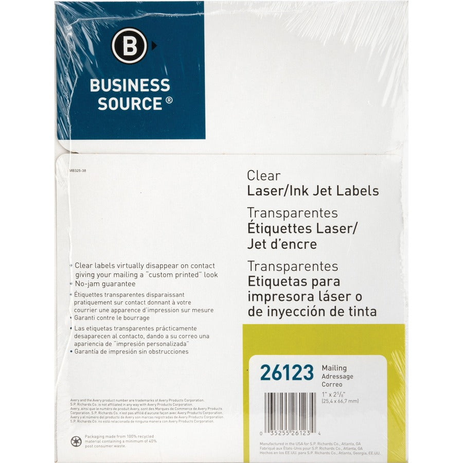 Business Source Mailing Address Labels - 1" Width x 2 3/4" Length - Permanent Adhesive - Rectangle - Laser - Clear - 30 
