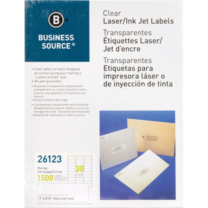 Business Source Mailing Address Labels - 1" Width x 2 3/4" Length - Permanent Adhesive - Rectangle - Laser - Clear - 30 