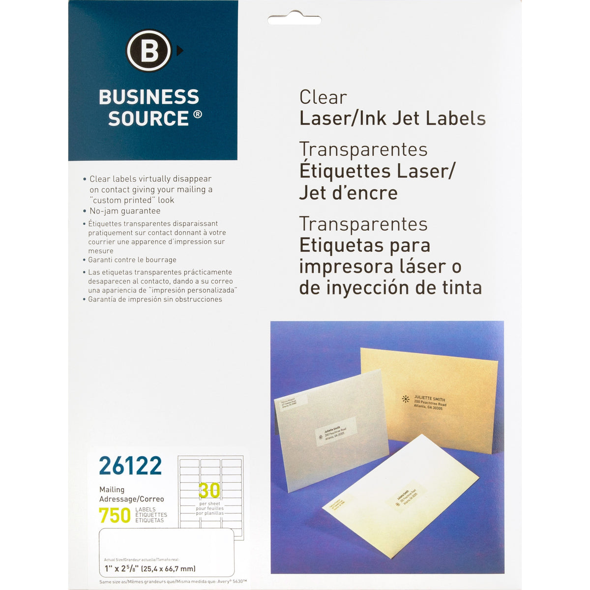 Business Source Mailing Address Labels - 1" Width x 2 3/4" Length - Permanent Adhesive - Rectangle - Laser - Clear - 30 