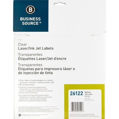 Business Source Mailing Address Labels - 1" Width x 2 3/4" Length - Permanent Adhesive - Rectangle - Laser - Clear - 30 
