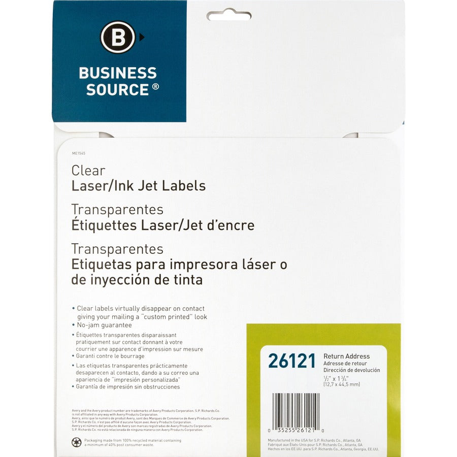 Business Source Clear Return Address Laser Labels - 1/2" Height x 1 3/4" Width - Permanent Adhesive - Rectangle - Laser 