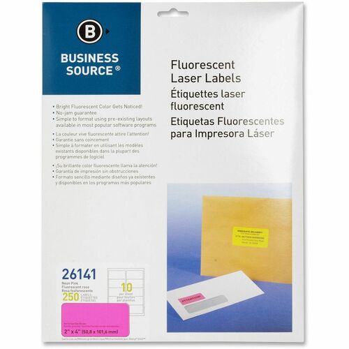 Business Source Neon Labels - 2" Width x 4" Length - Permanent Adhesive - Rectangle - Laser - Neon Pink - 10 / Sheet - 2