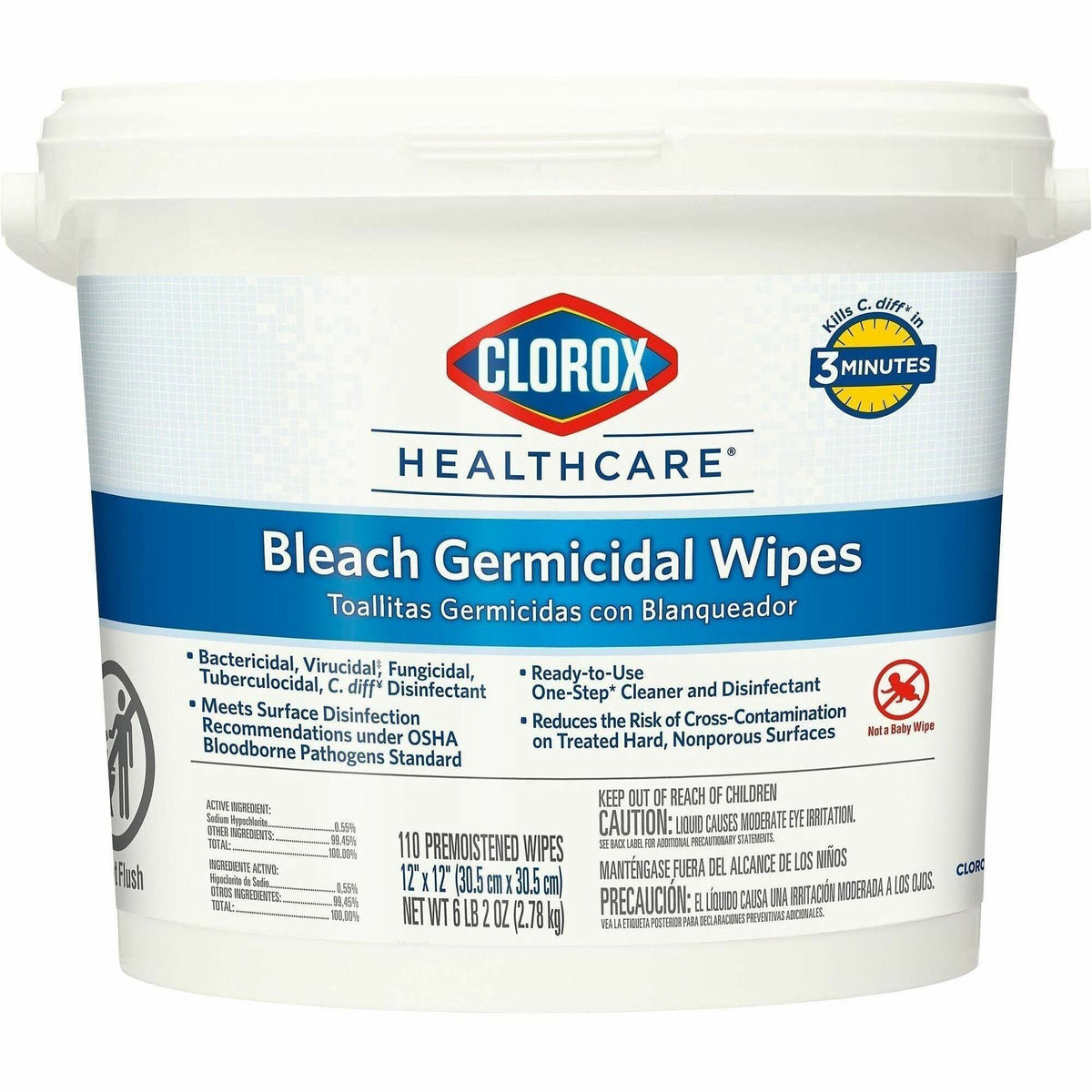 Clorox Healthcare Bleach Germicidal Wipes Bucket - Ready-To-Use - Wipe - 12" Length x 12" Width - Disinfectant - White -