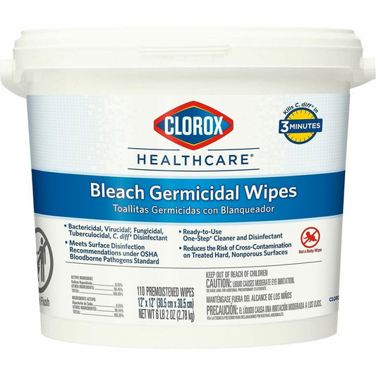 Clorox Healthcare Bleach Germicidal Wipes Bucket - Ready-To-Use - Wipe - 12" Length x 12" Width - Disinfectant - White -